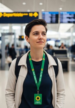 Woman wearing sunflower lanyard at airport terminal. Traveler with invisible disability symbol. Awareness concept for inclusive support and travel accessibility for passenger with need.