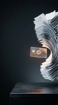 Glowing digital credit card with microchip surrounded by swirling stack of paper document. Paperless office and fintech data digitization concept for corporate financial technology