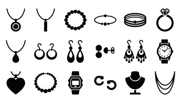 Set of black jewelry icons including necklaces rings earrings and watches with black silhouettes necklace icon ring icon watch icon diamond ring