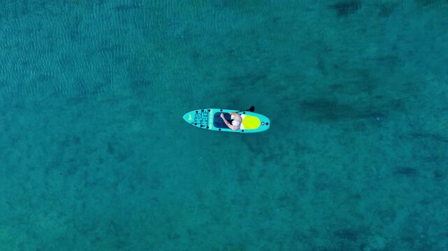 Ager River at Attersee, Aerial Top Down View of Stand Up Paddleboarder, Austria