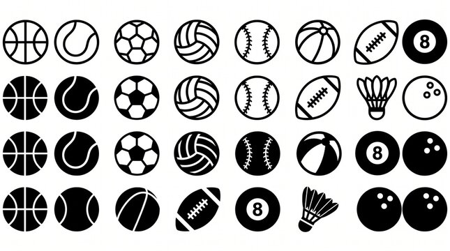 Sports Equipment Icon Set with Various Ball Designs. Monochrome Vector Illustration