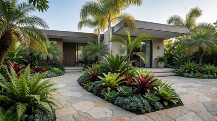 Fototapeta premium Modern luxury house with tropical garden landscaping. Stone walkway leads through garden beds with succulents, ferns, palms. Contemporary home exterior features patio courtyard, green foliage, bright