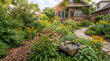 Fototapeta premium Lush garden birds and butterflies gather at stone bird bath near brick house