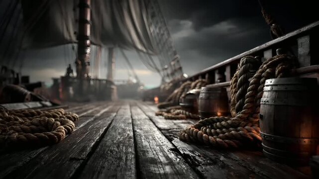 Europe medieval lifestyle. A moody, atmospheric portrayal of a ships deck at dusk. The ships masts, rigging, and ropes are illuminated by the setting sun.
