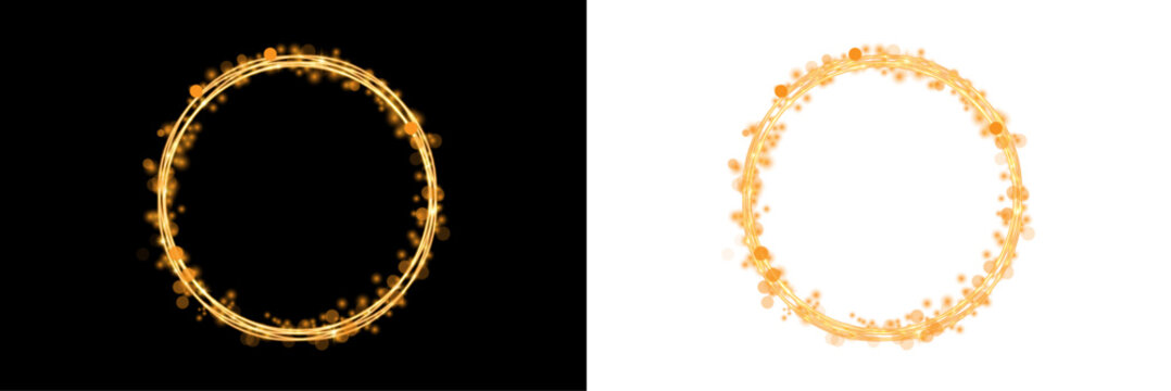 Set of glowing orange circular frames with light particles and sparkles