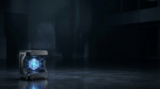 Futuristic quantum computer with glowing holographic cube display in dark industrial warehouse interior. Advanced data processing and artificial intelligence hardware for corporate innovation concept