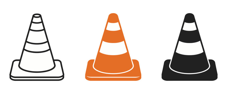 Traffic cone icon, construction signal, road safety and travel symbols in flat, line and filled styles for transportation and warning design.