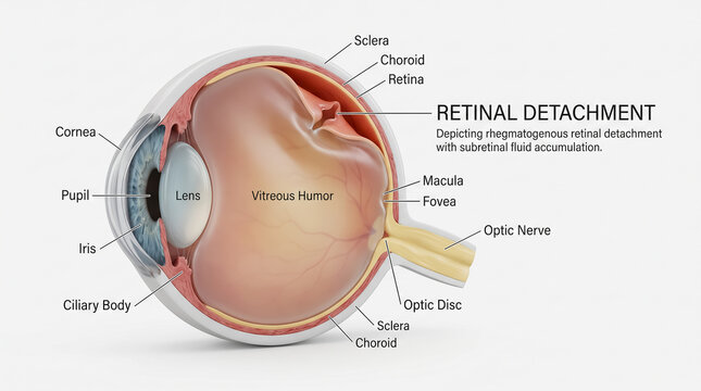 Rhegmatogenous retinal detachment diagram with subretinal fluid accumulation in human eye cross section