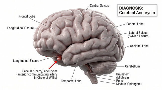 Cerebral aneurysm illustration showing saccular berry aneurysm on anterior communicating artery of brain