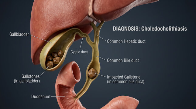Choledocholithiasis diagram showing gallstones in gallbladder and impacted stone in common bile duct