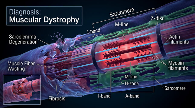 Muscular dystrophy diagram showing sarcomere degeneration muscle fiber wasting and fibrosis