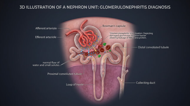 Nephron unit diagram depicting damaged glomerular filtration barrier in glomerulonephritis