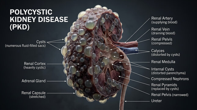 Polycystic kidney disease PKD diagram showing fluid filled cysts and compressed nephrons