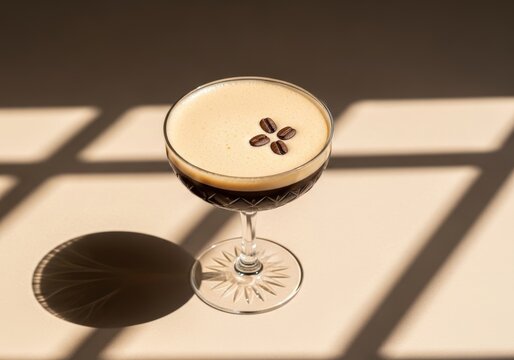 Espresso martini in crystal coupe glass with foam and coffee bean garnish. Alcoholic cocktail drink for evening refreshment and social gathering. Elegant bar beverage menu aesthetic presentation.