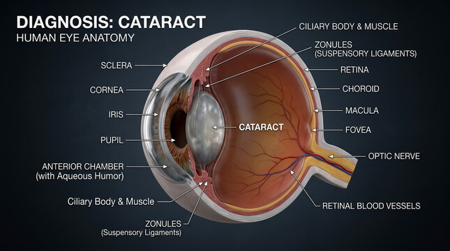Eye cross section diagram showing lens opacification in cataract
