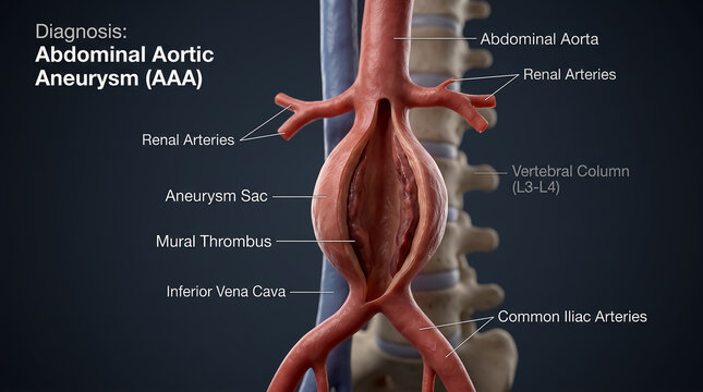 Abdominal aorta anatomical diagram illustrating abdominal aortic aneurysm with mural thrombus