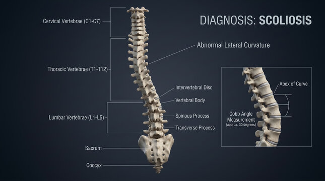 Spine anatomy diagram illustrating scoliosis with abnormal lateral curvature and Cobb angle