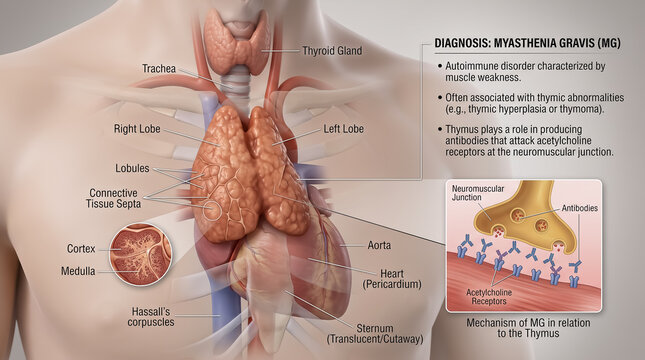 Thymus location and neuromuscular junction diagram demonstrating myasthenia gravis autoimmune mechanism