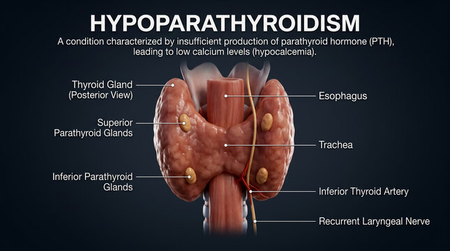 Posterior thyroid view diagram highlighting superior and inferior parathyroid glands in hypoparathyroidism
