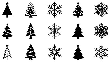 Obraz premium Set of black christmas tree and snowflake icons for holiday design and winter seasonal decoration
