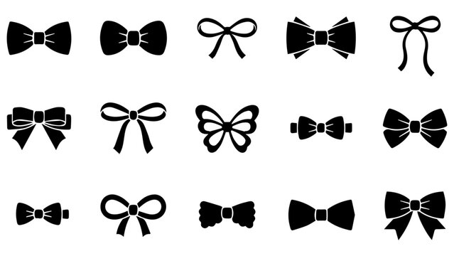 Set of black ribbon bow tie icons and decorative gift knots for design and celebration