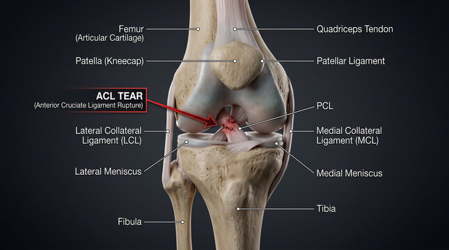 3D medical infographic of human knee joint anatomy showing anterior cruciate ligament ACL tear injury