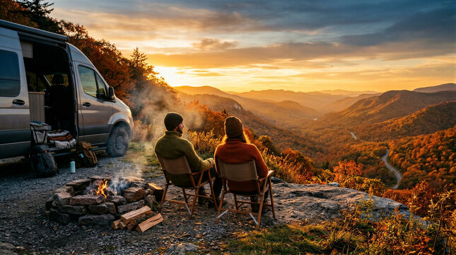 Couple sitting near campfire beside camper van on mountain cliff at sunset. Man and woman enjoying autumn travel and outdoor camping lifestyle. Adventure tourism concept