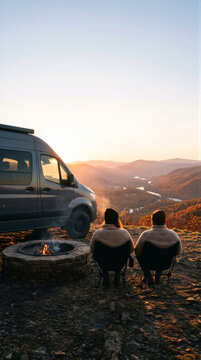 Couple sitting in camping chair near camper van and fire pit on mountain overlook at sunset viewing valley with river. Van life travel and outdoor adventure freedom concept