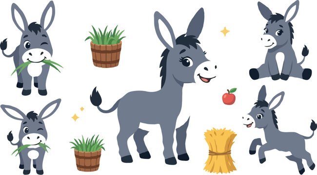 Cute cartoon donkey character vector set featuring little grey burro standing sitting jumping eating grass and farm elements isolated on white background