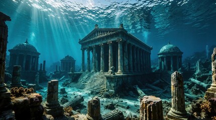 Fototapeta premium Ancient submerged ruins with temples and columns in turquoise water, sun rays create a mystical atmosphere above historical stone structures and intricate architecture.