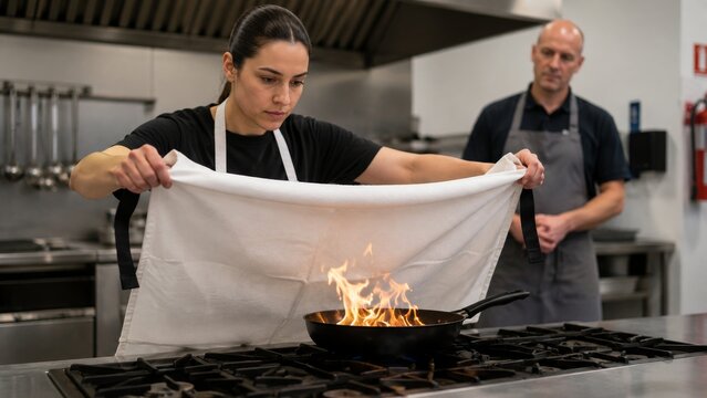Woman using fire blanket to smother pan flames in a professional kitchen. Restaurant safety training and emergency fire prevention concept