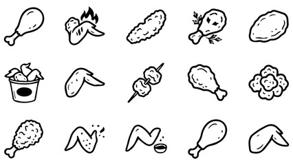Set of hand drawn chicken food icons featuring fried legs wings and nuggets in a sketch style © Mostafizur
