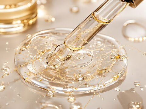 Liquid collagen threads dissolving in luxury facial anti-aging serum