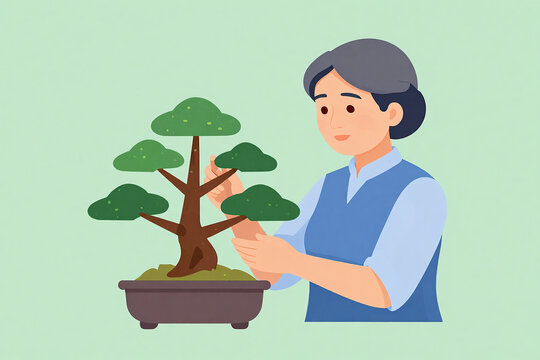Focused Woman Nurturing a Bonsai Tree in a Peaceful Zen Garden, Capturing the Essence of Patience and Tranquility Amidst Lush Foliage