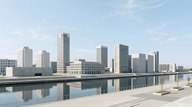 Modern Minimalist City Skyline with Waterfront Reflection and Skyscrapers