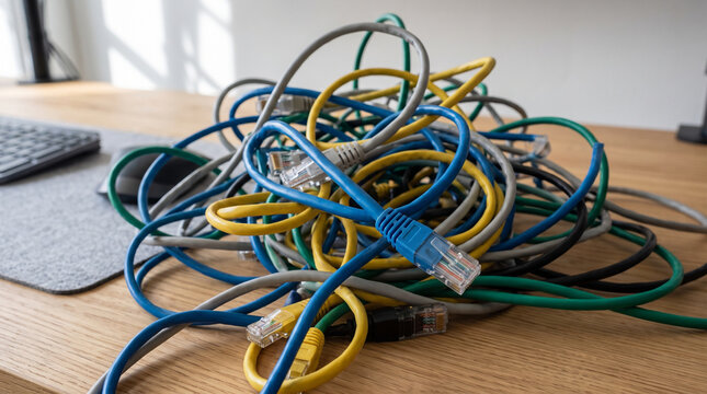  Tangled ethernet cables mess on a wooden desk with an office background  