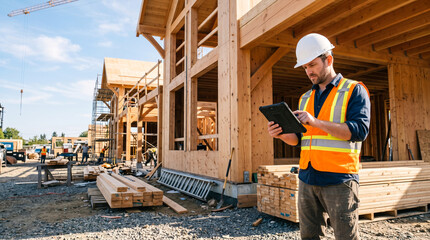 Fototapeta premium Construction worker with tablet inspecting wooden frame of new building