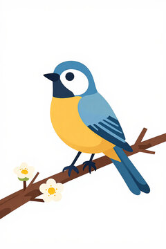 Charming Small Bird Resting on a Blossoming Tree Branch, Radiating Tranquility and Wonder Amidst Lush Spring Foliage