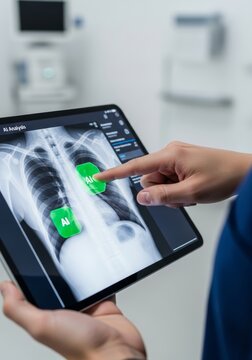 Doctor using tablet to view chest x-ray scan with artificial intelligence analysis. Radiologist examining lungs on screen. Innovative medical technology for healthcare diagnosis.