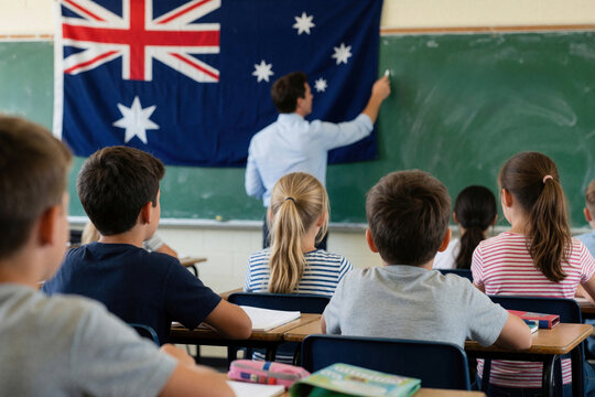 Teacher writes on blackboard, Australian flag displayed. Children sit at desks in classroom, learning about professions and countries. Engaged students in lesson.