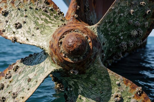 Ship propeller metal surface covered in green slime algae and barnacles showing marine biofouling. Underwater view of rusty part of boat screw in blue sea water.