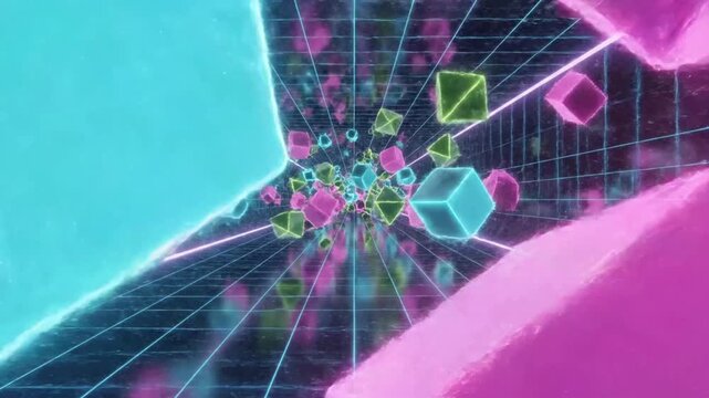 Neon geometric shapes move through a cyberspace tunnel with a loop background showing vibrant colors and 3D designs