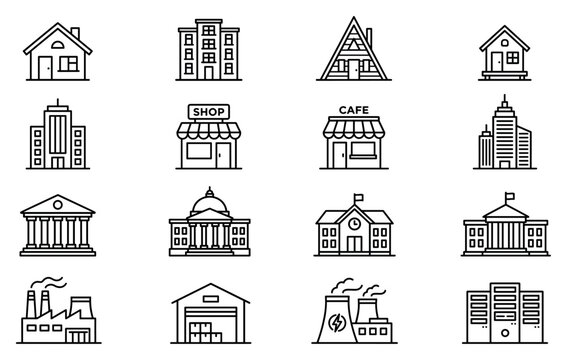 Vector building line icons set representing various architectural structures including houses, offices, shops, schools, factories, and public institutions for urban planning design