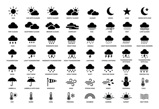 Black weather forecast vector icons representing various meteorological conditions including sun, clouds, rain, snow, wind, thunderstorm, and temperature indicators