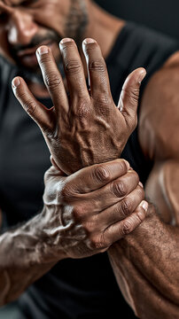 Wrist Pain Distress: A close-up shot focuses on a man's hand and wrist, clearly showing signs of pain and distress as he clutches his injured joint, highlighting the physical struggle and discomfort.