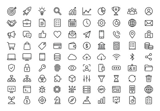 Large collection of business and technology icons representing marketing finance security web development data analysis communication and office management in a clean outline style