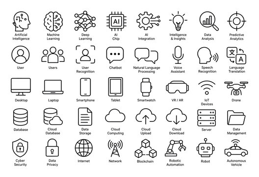 Artificial intelligence and modern technology line icons set representing machine learning, cloud computing, data analysis, cyber security, and digital automation