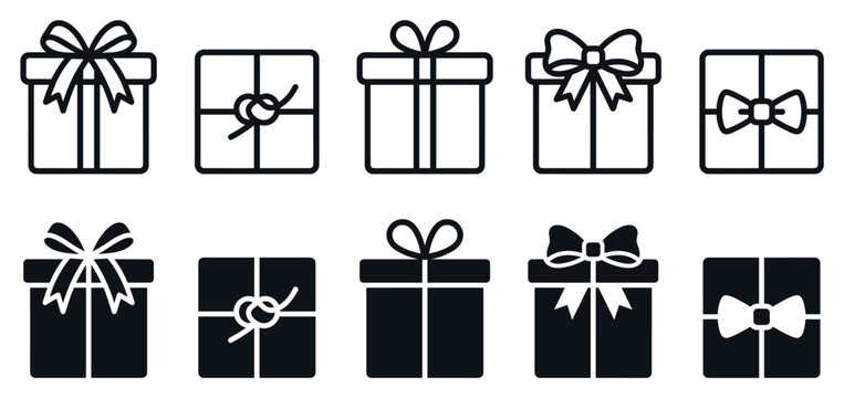 Gift box icons set with ribbon bows in line art and solid silhouette styles for Christmas, birthday, and holiday celebration graphic design elements