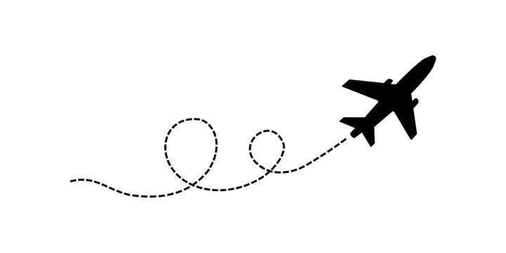 Black airplane silhouette flying upwards with a looping dashed flight path line isolated on a clean white background simple vector