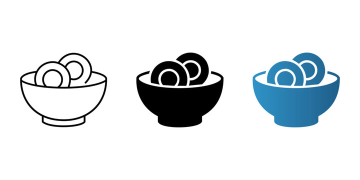 Bowls containing round snack food items presented in thin line solid black and vibrant blue vector icon graphic design style